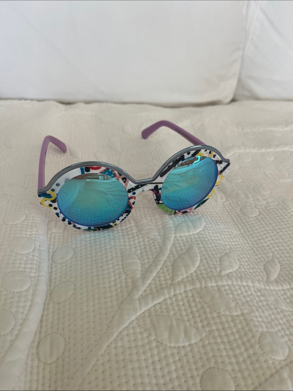 Designer Round Blue Mirrored Women’s Sunglasses with Purple Temples